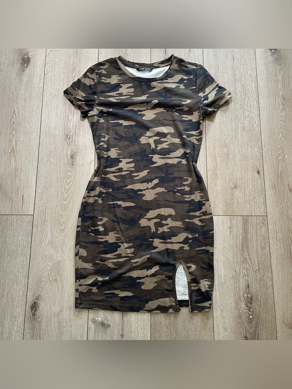 SHEIN Camo Mini Dress M Split Hem Army Green Camouflage T-Shirt Dress Streetwear